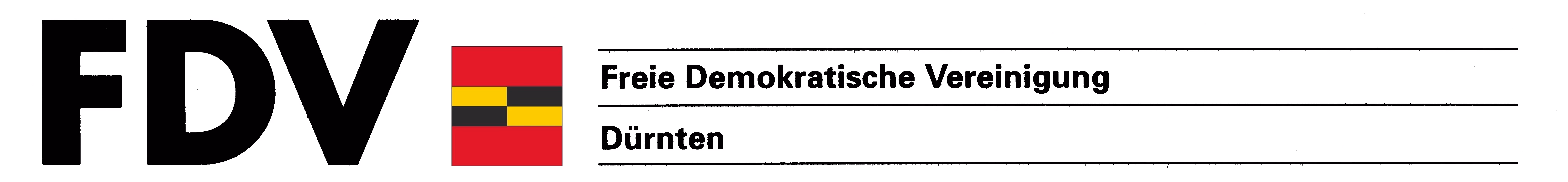 Logo der Freien Demokratischen Vereinigung Dürnten mit den Buchstaben FDV neben einem roten Quadrat mit schwarzen und gelben Balken.