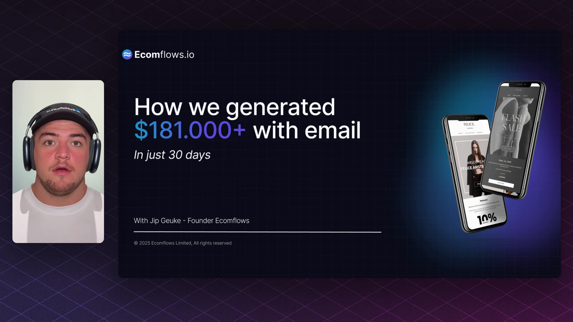Case study thumbnail showing how Ecomflows generated $181,000 in 30 days with email marketing