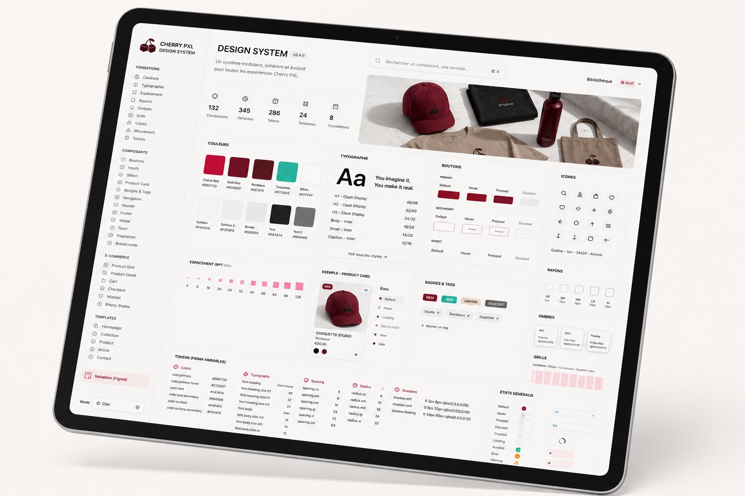 Design system Cherry PXL affiché sur une tablette : couleurs, typographie, composants