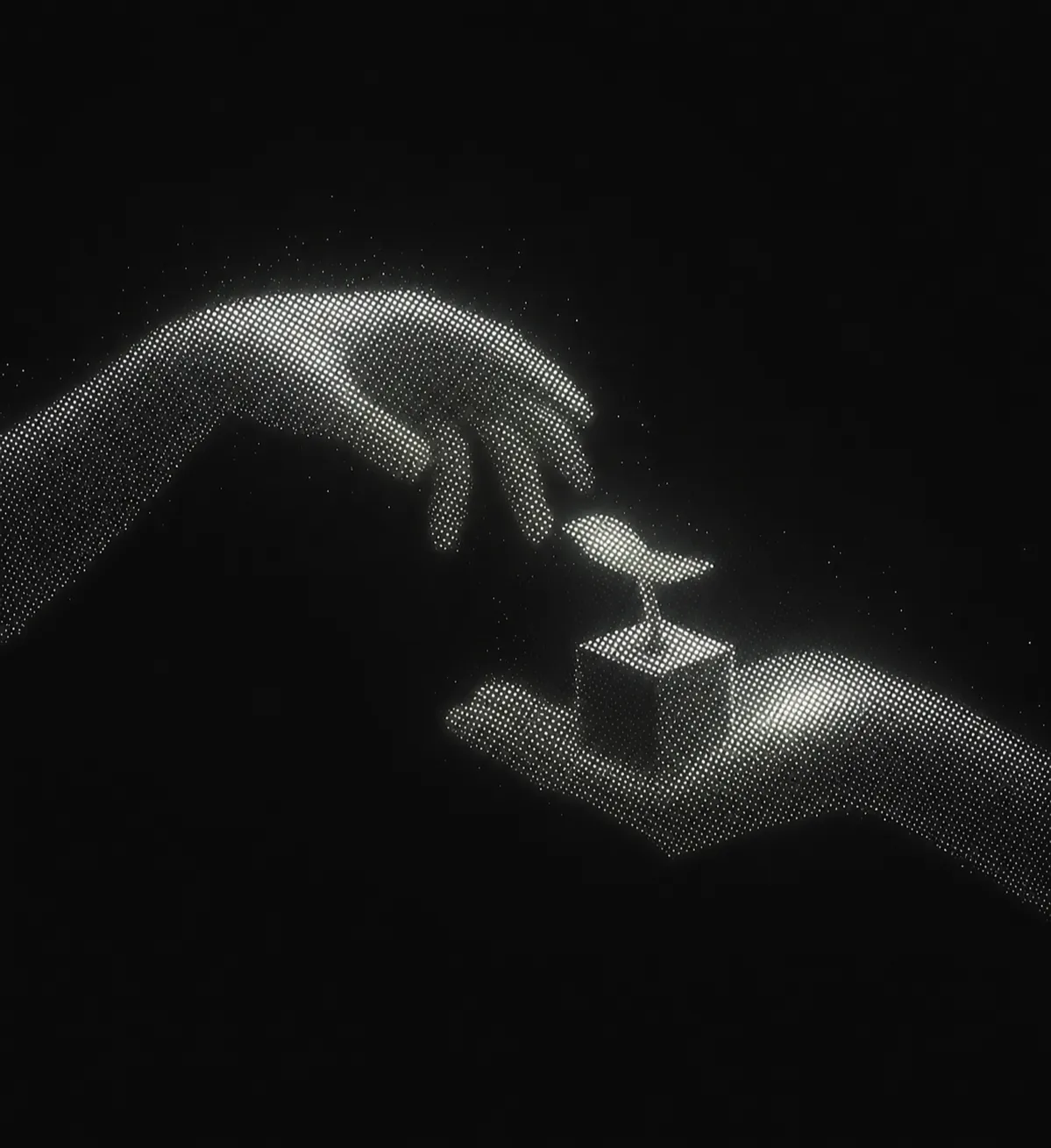 Deux mains en trame de points s'échangeant un cube lumineux surmonté d'une cerise