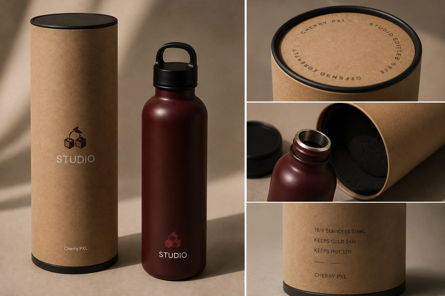 Gourde isotherme Cherry PXL Studio et son packaging tube kraft
