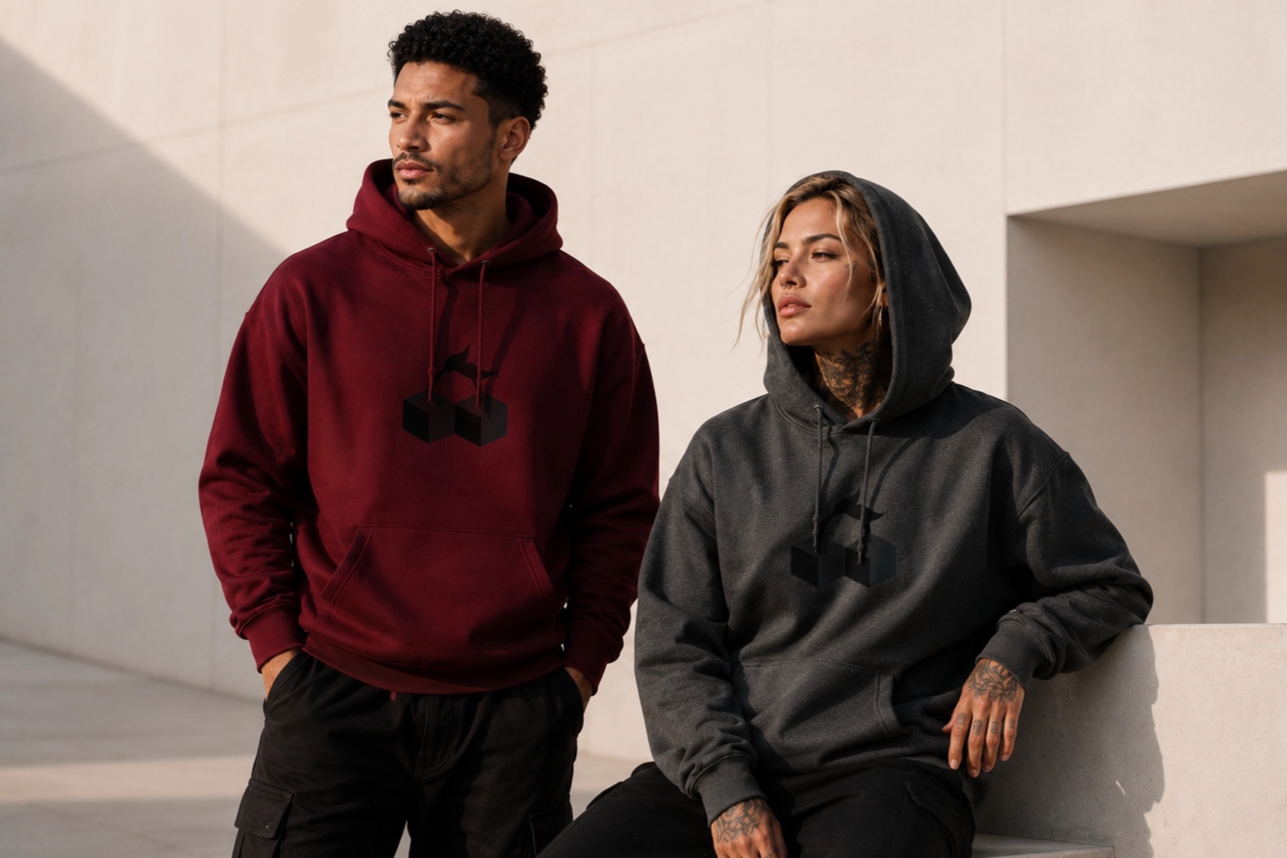 Couple portant les hoodies bordeaux et gris anthracite Cherry PXL Studio