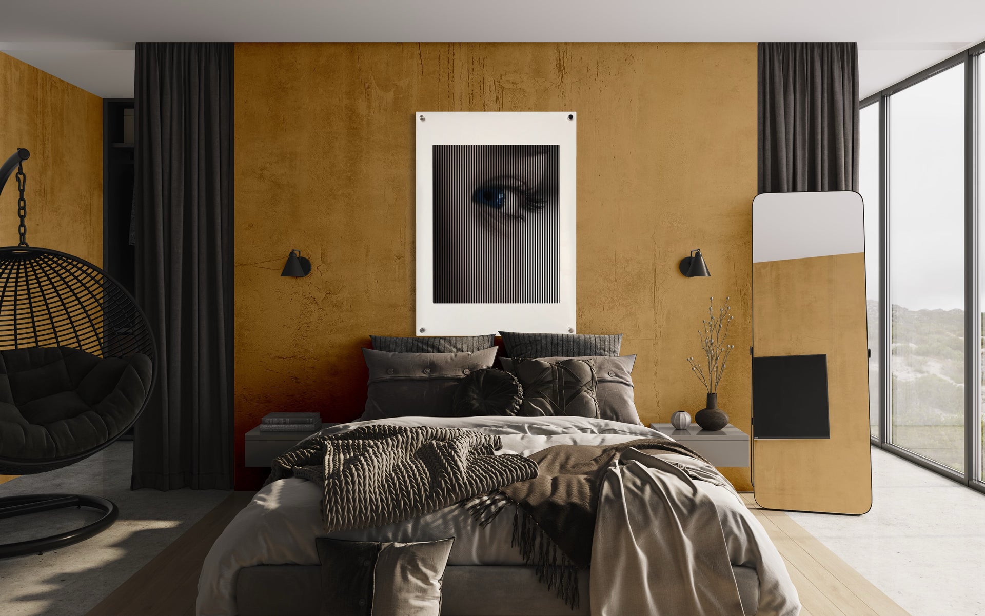 Œuvre Optical Art sous plexiglas dans une chambre au mur ocre