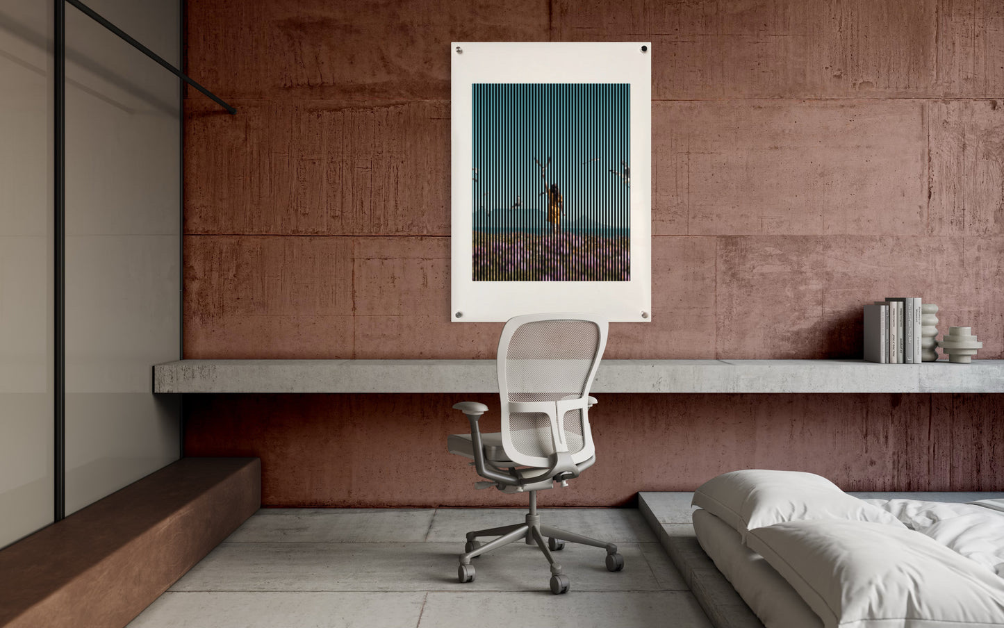 Œuvre Optical Art encadrée au-dessus d'un bureau en béton, chaise blanche au premier plan