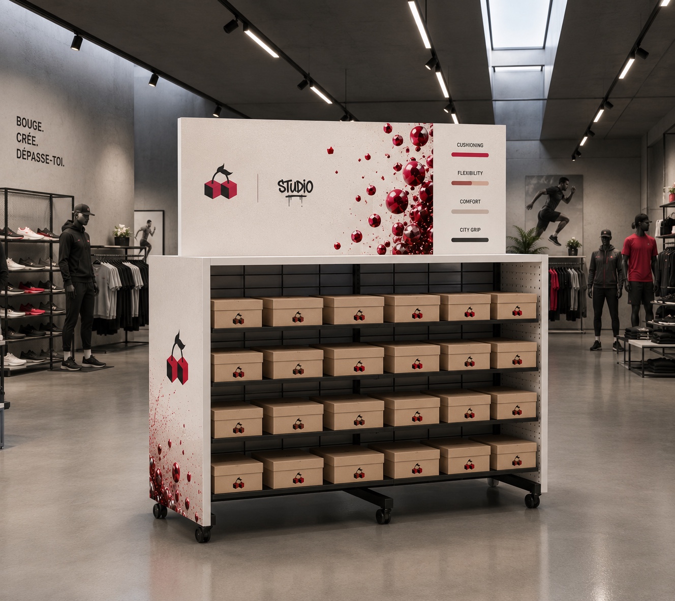 PLV présentoir à roulettes Cherry PXL Studio en rayon avec boîtes à chaussures