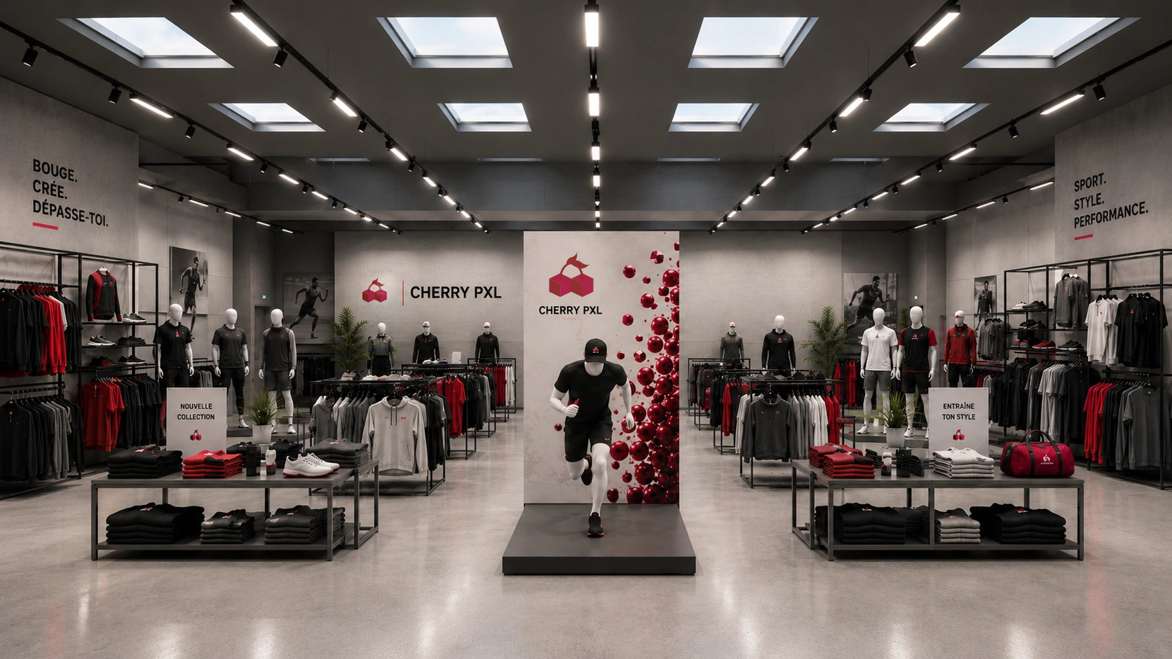 Vue d'ensemble d'un magasin Cherry PXL modélisé en 3D avec totem central