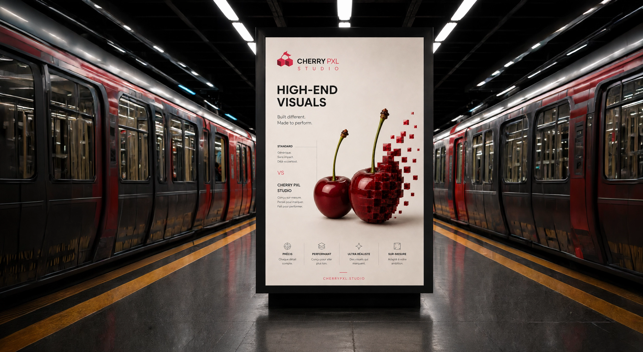 Affichage High-End Visuals Cherry PXL Studio sur un quai de métro