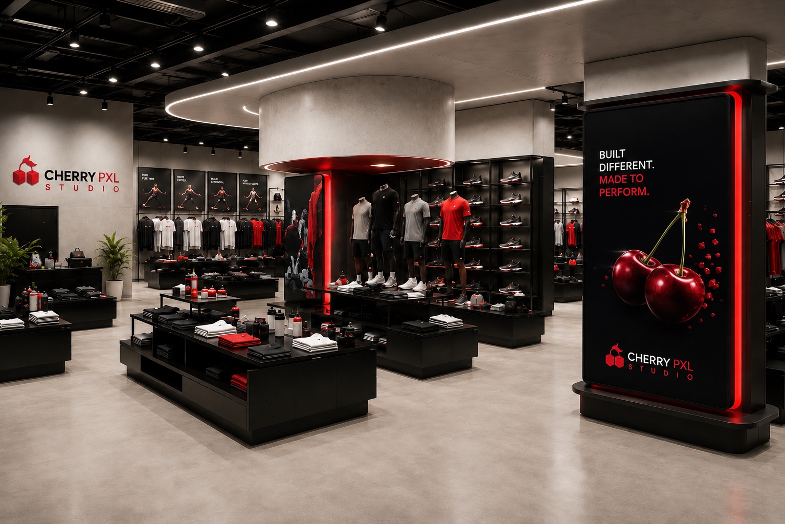 Ambiance magasin Cherry PXL Studio avec totem ILV lumineux Built Different
