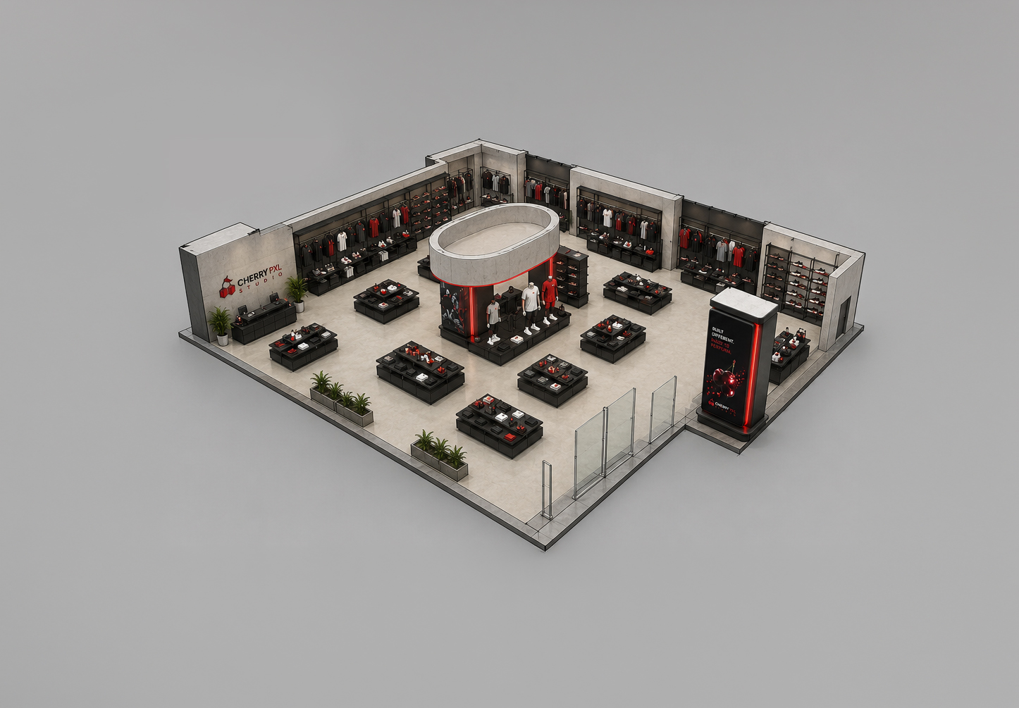 Axonométrie 3D complète du magasin Cherry PXL modélisé sous Blender