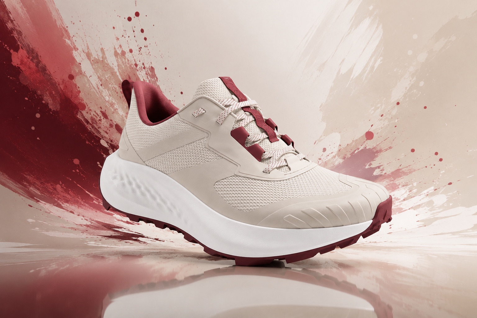Packshot 3D d'une chaussure de running Cherry PXL sur fond de projections bordeaux