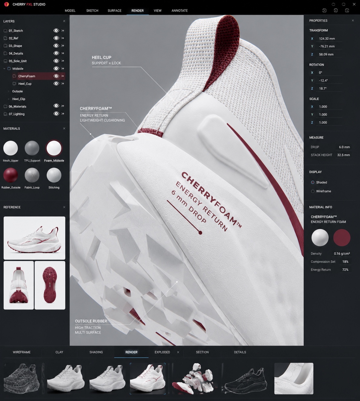 Interface du studio 3D Cherry PXL : calques, matériaux et rendu CherryFoam