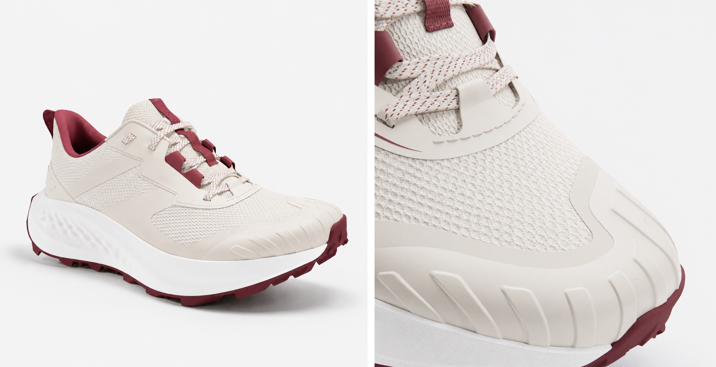 Packshot 3D de la chaussure Cherry PXL et gros plan matière du toebox