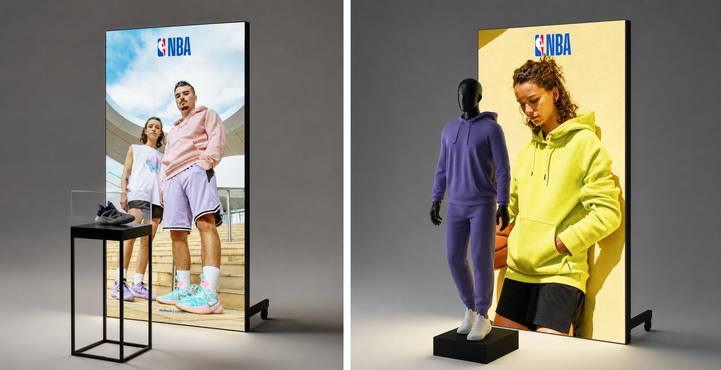 Deux PLV lumineuses NBA modélisées en 3D avec chaussure sous vitrine et mannequin