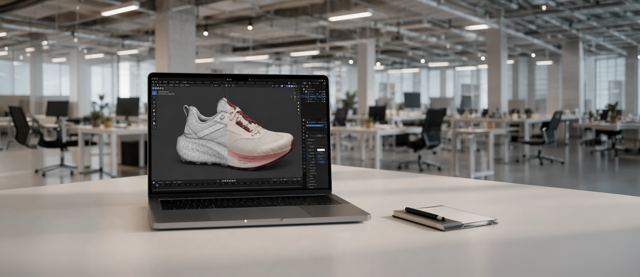 Laptop dans un open space affichant la modélisation 3D de la chaussure Cherry PXL