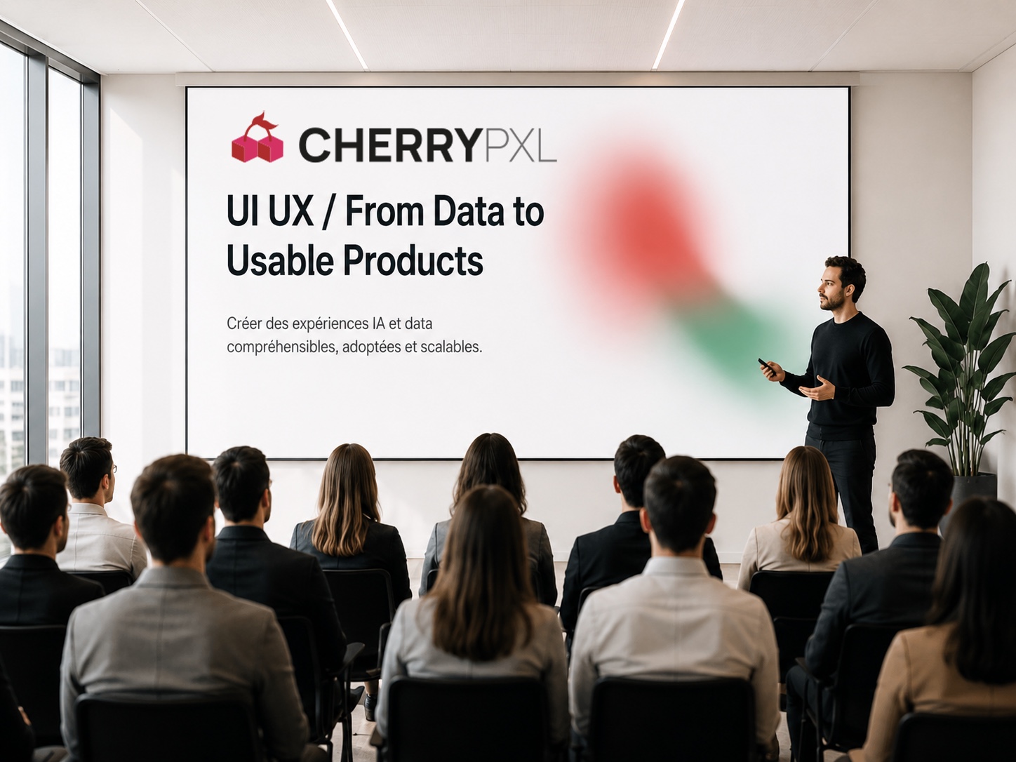 Session de formation Cherry PXL devant l'écran UI UX From Data to Usable Products