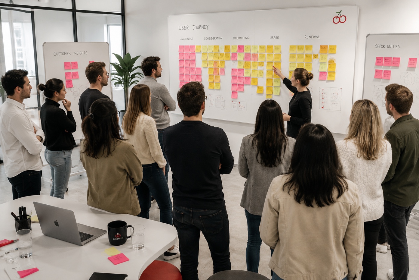 Atelier user journey Cherry PXL : équipe devant un mur de post-its