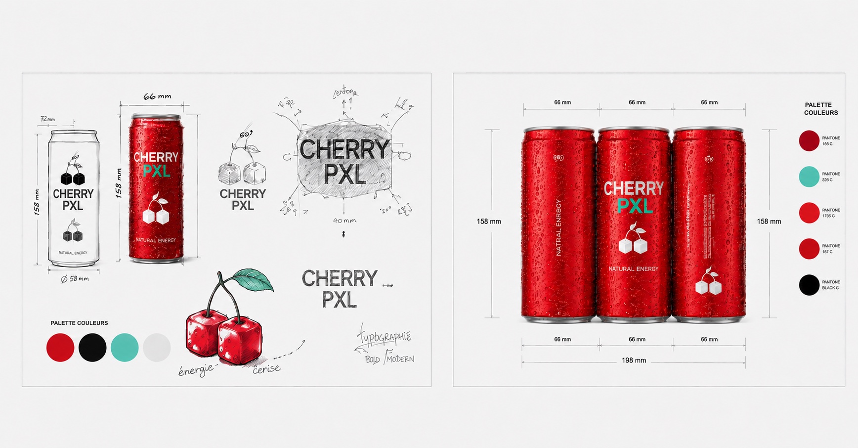 Planche de conception Cherry PXL Energy : naming, logo, palette et spécifications de la canette