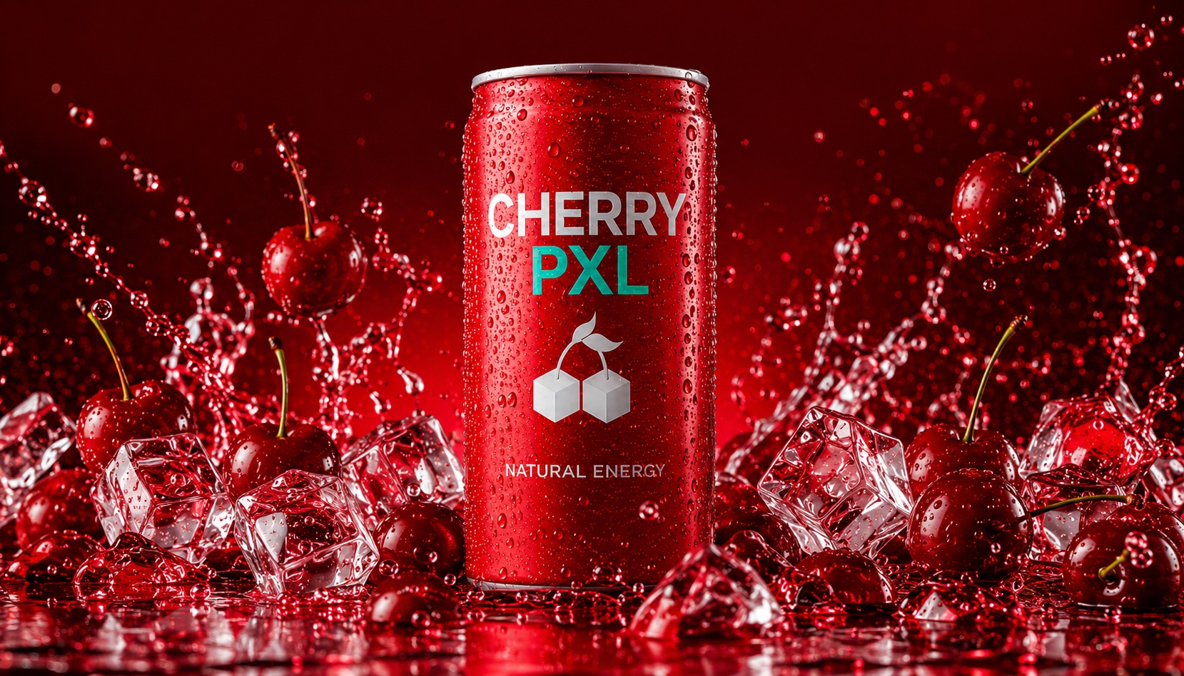 Canette Cherry PXL Energy dans un splash de cerises et de glaçons