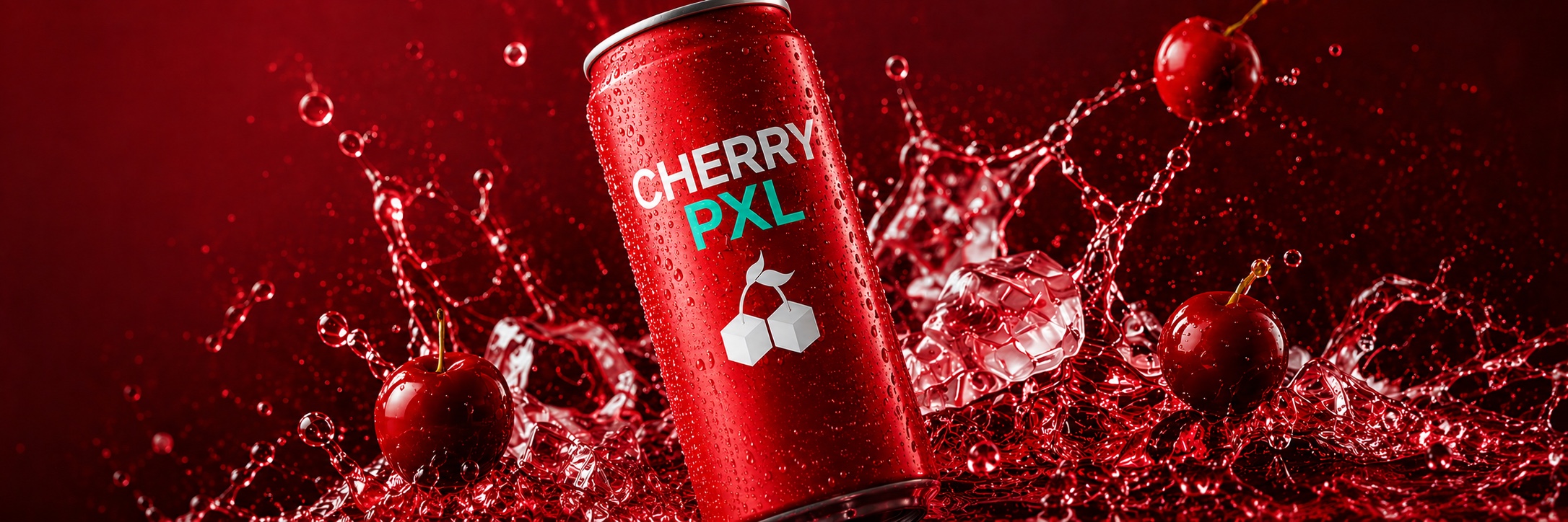Bannière panoramique Cherry PXL Energy avec canette et splash de cerises