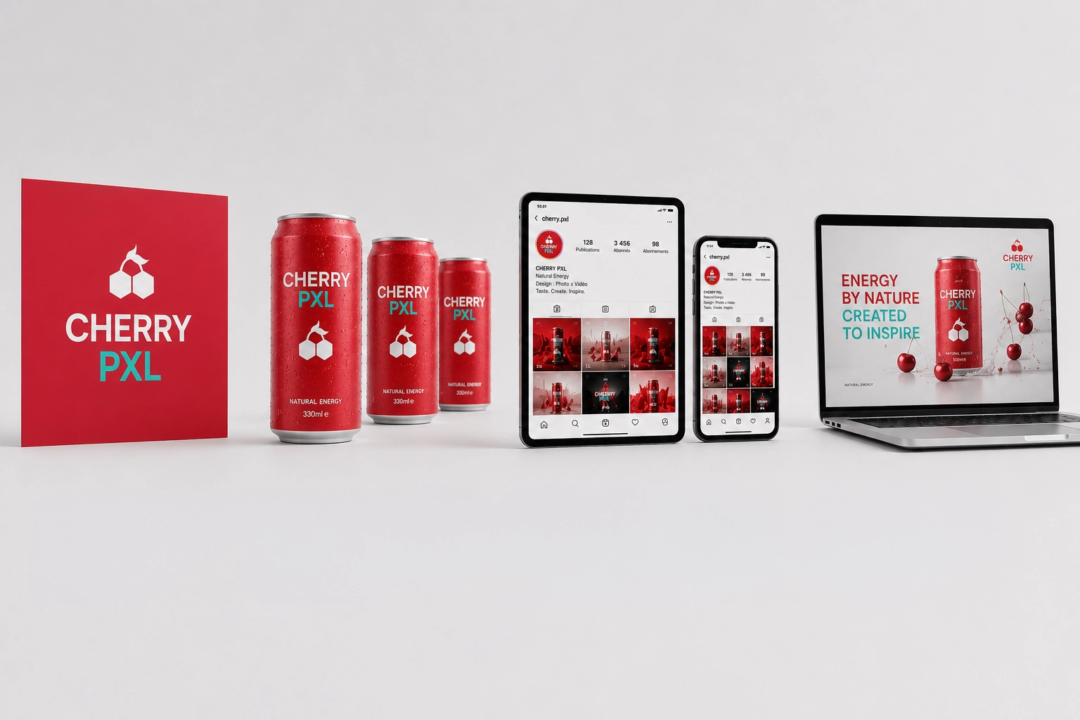 L'écosystème Cherry PXL Energy : identité, canettes, Instagram et campagne sur laptop