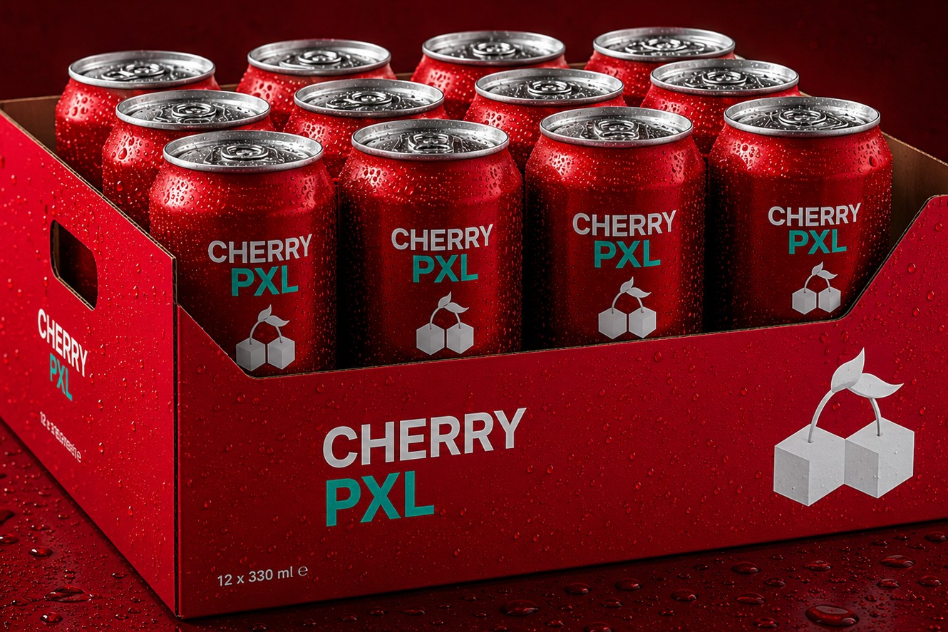 Caisse de douze canettes Cherry PXL Energy