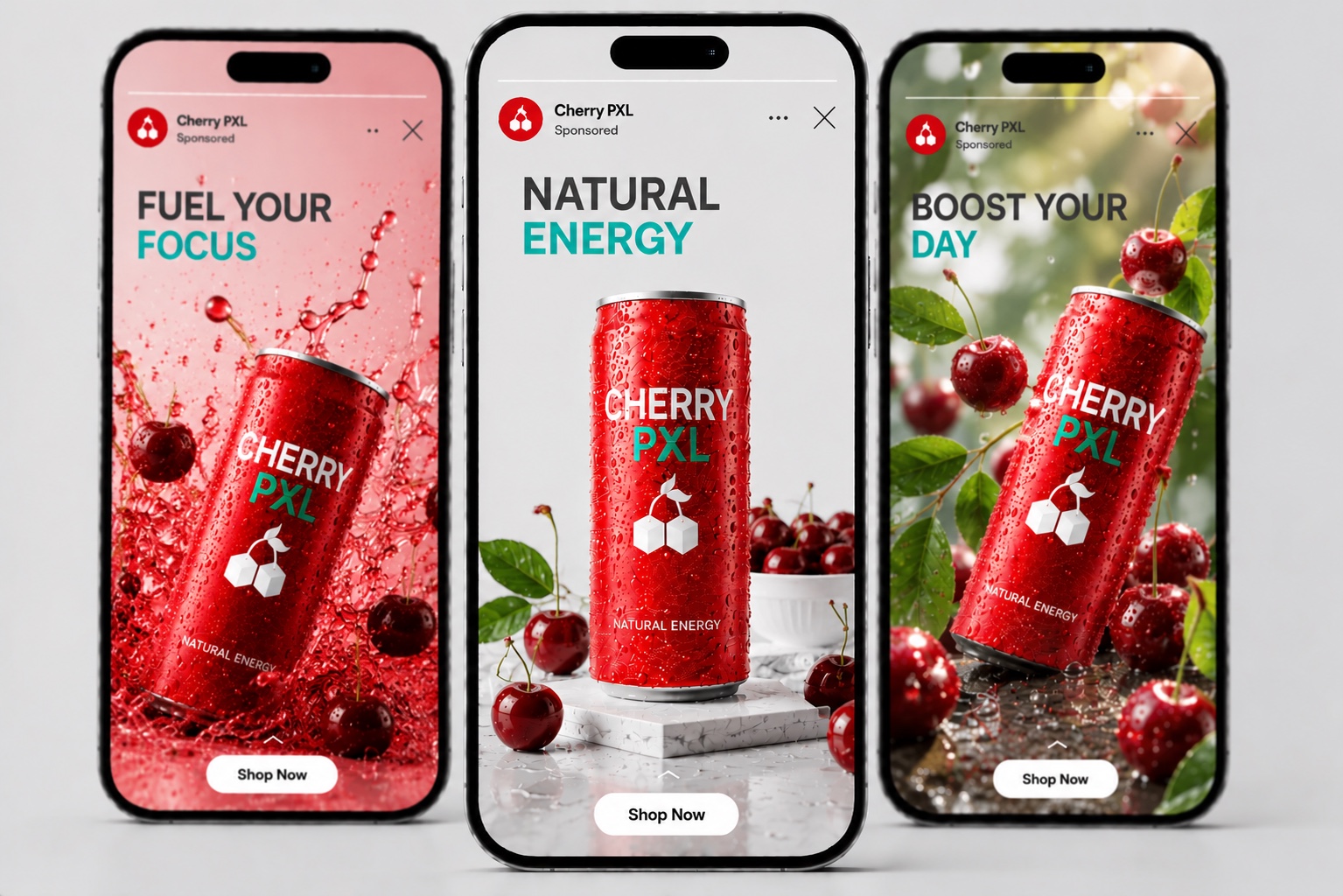 Trois campagnes social ads Cherry PXL Energy sur iPhone
