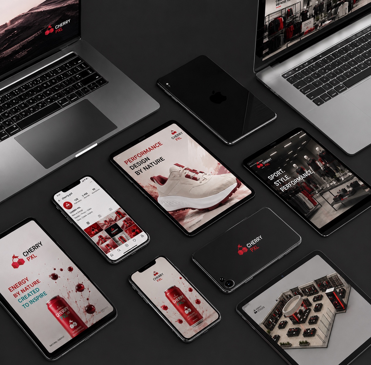 Univers de marque Cherry PXL décliné sur laptops, tablettes et smartphones