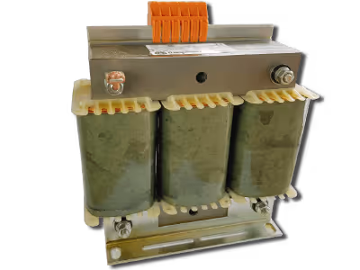 Three-phase electrical autotransformer with metal mounting bracket and orange terminal block on top.