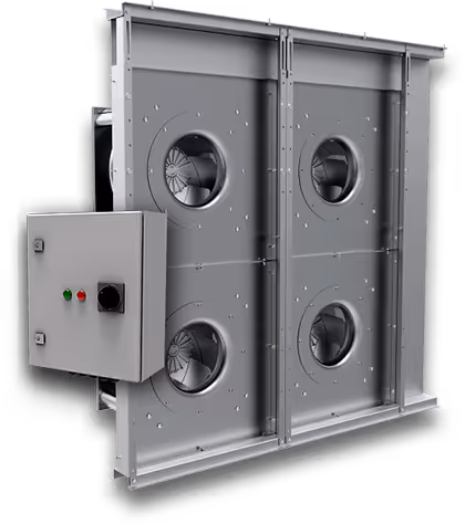 Metal industrial fan grid retrofit kit with four fans and attached control box featuring green and red indicator lights and a black knob.