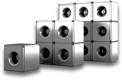 Modular metal ventilation system units of varying sizes connected in blocks.