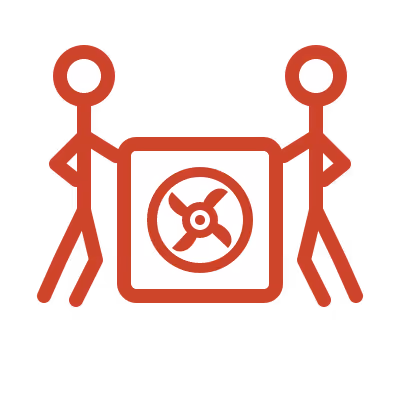 Two stick figures holding a square safe with a circular lock in the center.