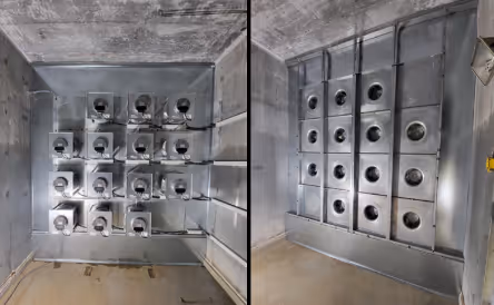Side-by-side images showing a ventilation duct interior with and without obstruction by black spherical objects.