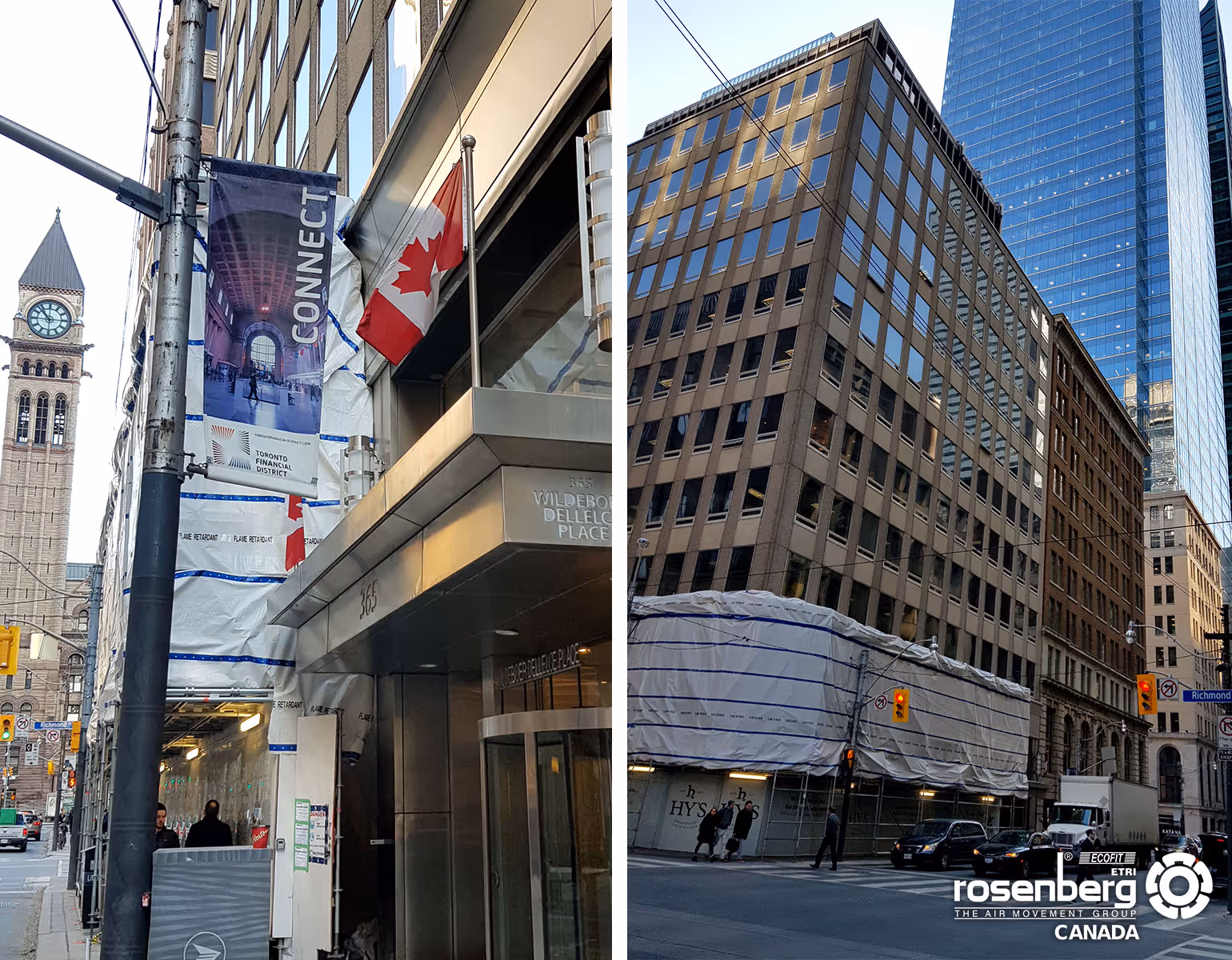 Street view of buildings in Toronto with Canadian flag, scaffolding, and clock tower in background.