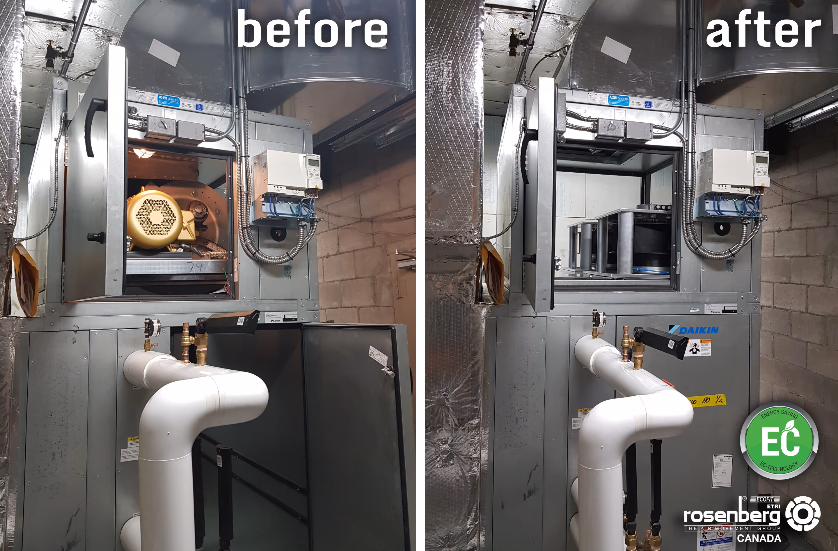 Before and after HVAC unit upgrade showing motor replaced with energy-saving EC technology fan.