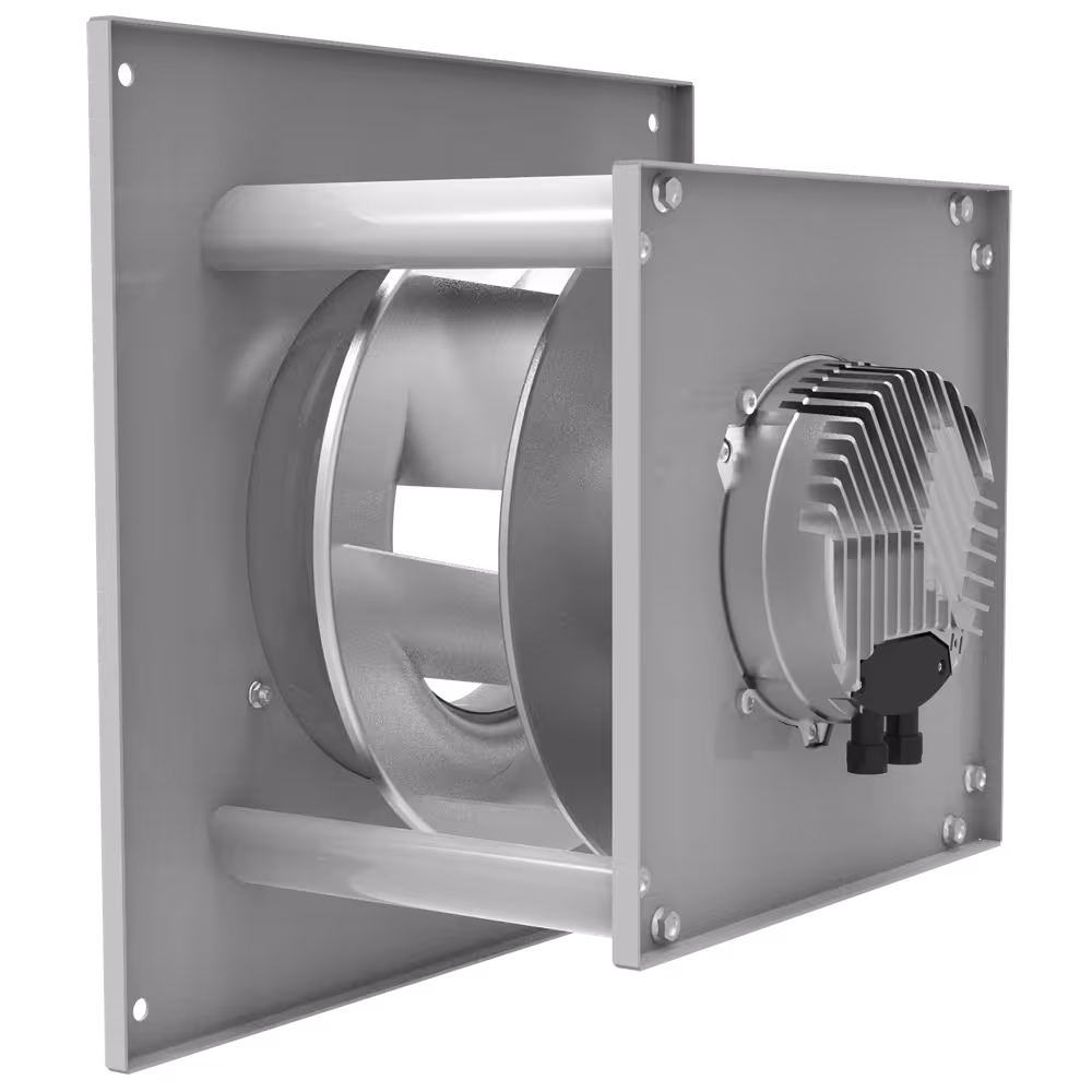 Industrial metal axial fan with a cylindrical housing and vented motor mount panel.