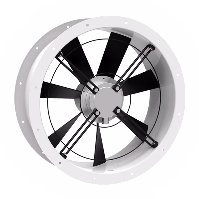 Industrial axial fan with black blades and white circular housing for ventilation.
