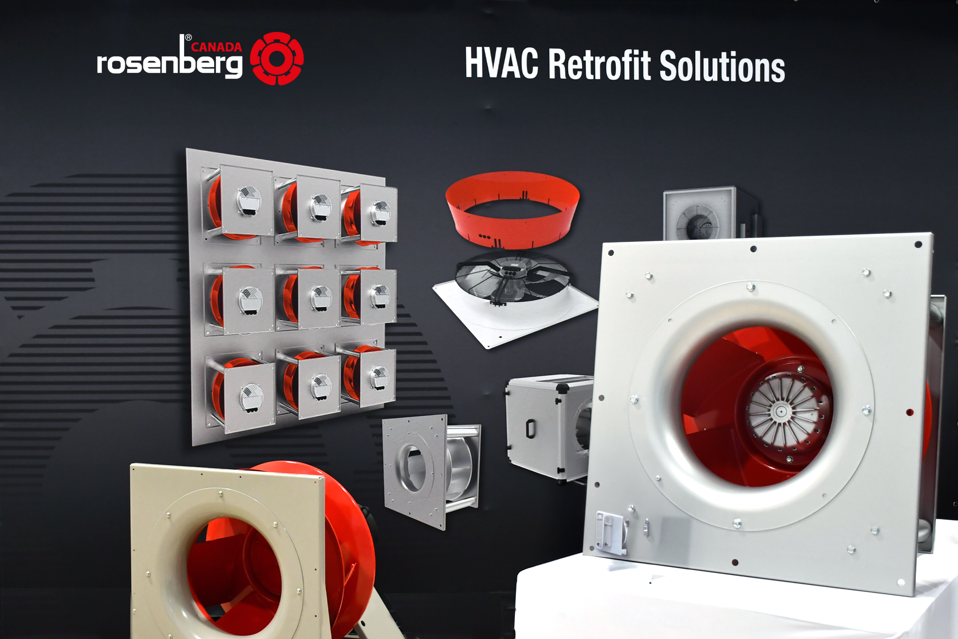 Various HVAC retrofit fans in silver and red displayed on black background with Rosenberg Canada logo.