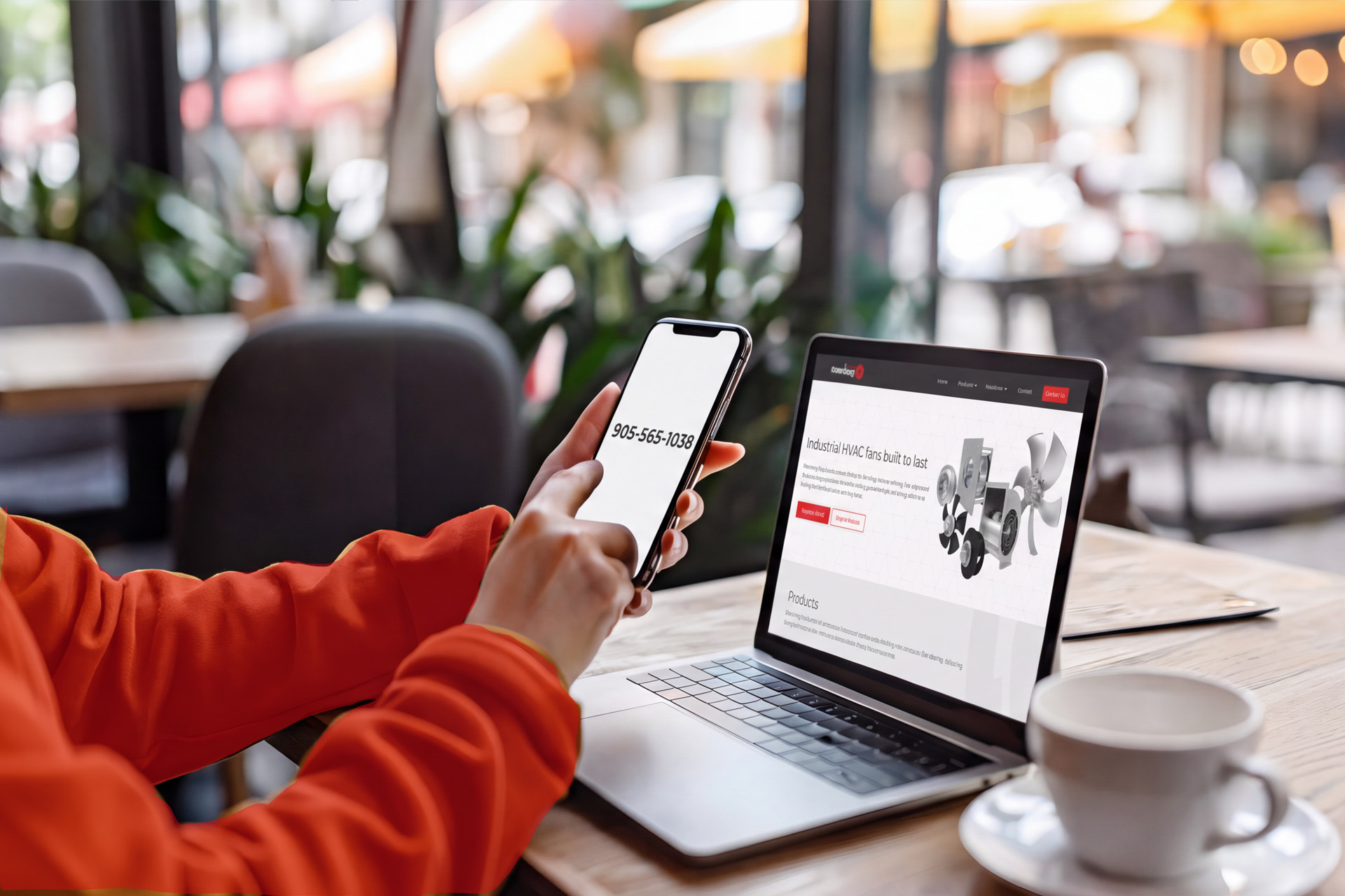 Person in an orange sweater holding a smartphone displaying the phone number 905-565-1038, sitting at a wooden table with an open laptop showing a website about industrial HVAC fans, next to a white coffee cup on a saucer in a cafe setting.