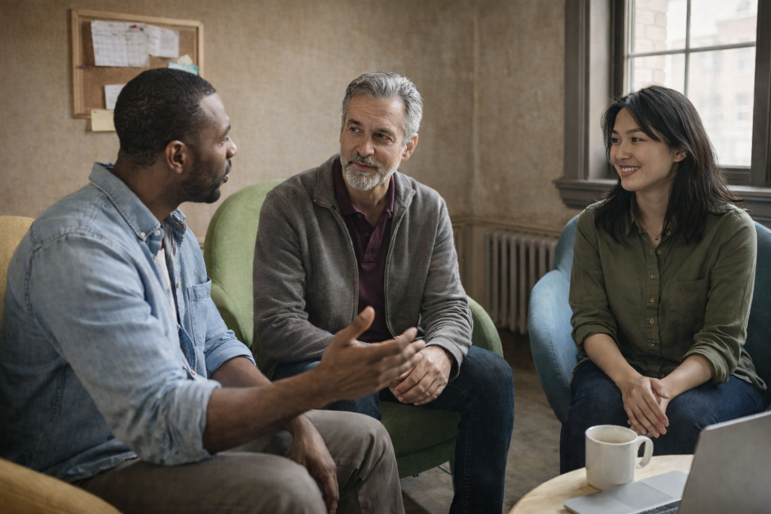 Three adults sitting in an informal office setting having a conversation, two men and one woman smiling.