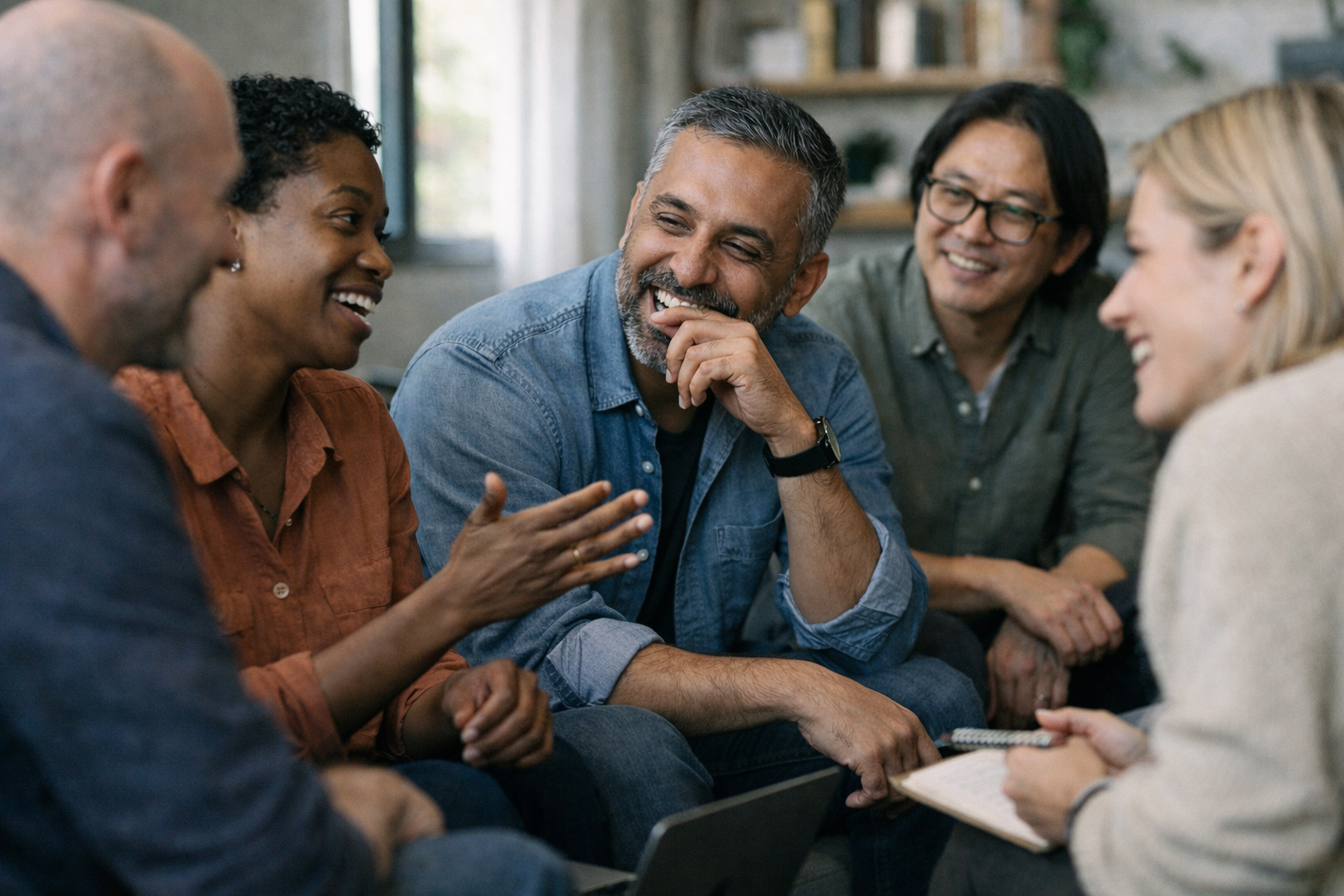 Group of five diverse adults sitting together, smiling and engaged in conversation during a casual meeting.
