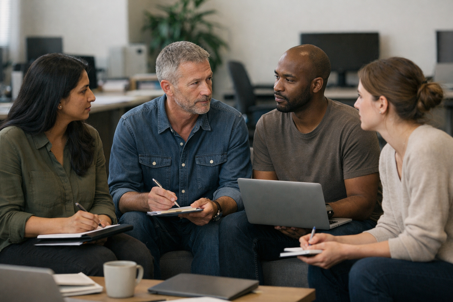 Group of four diverse colleagues having a focused discussion in an office with notebooks and a laptop.