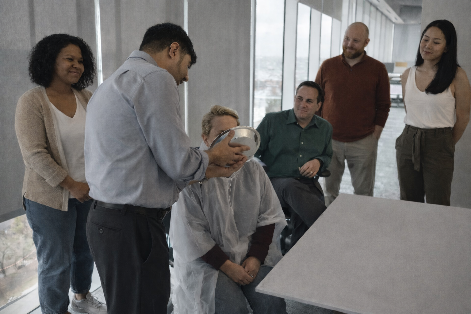 Office group watching a man in a blue shirt showing a metal bowl to a woman wearing a protective cape.