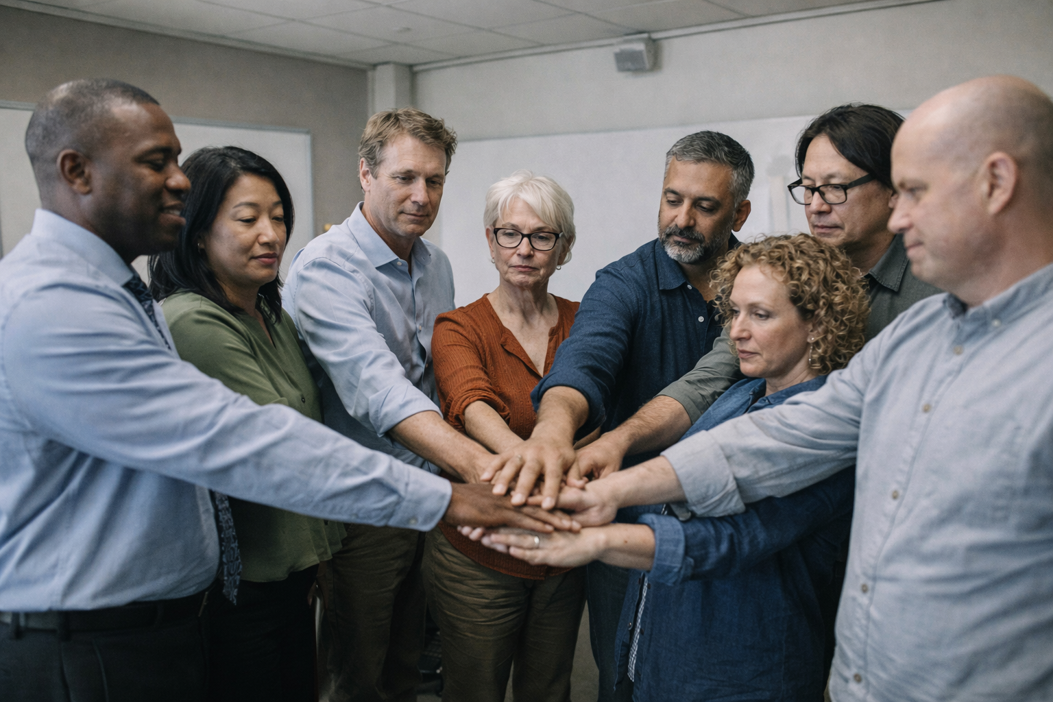 Group of five diverse adults sitting together, smiling and engaged in conversation during a casual meeting.