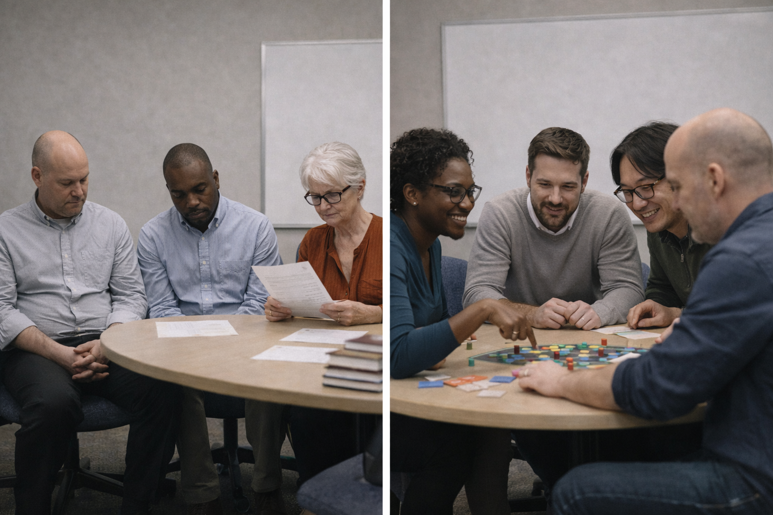 Three people sitting around a table engaged in conversation with a laptop and documents in front of them.