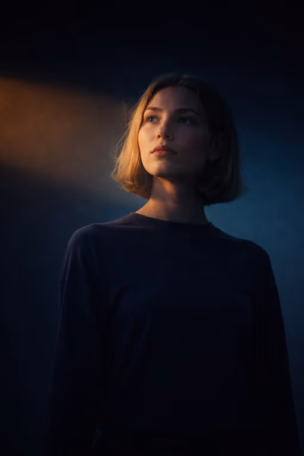 Young woman with short blonde hair illuminated by warm light against a dark blue background, looking thoughtfully upward.