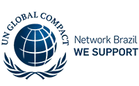 Globo azul com linhas de conexão representando a rede global e o texto 'Pacto Global Network Brazil - We Support'.