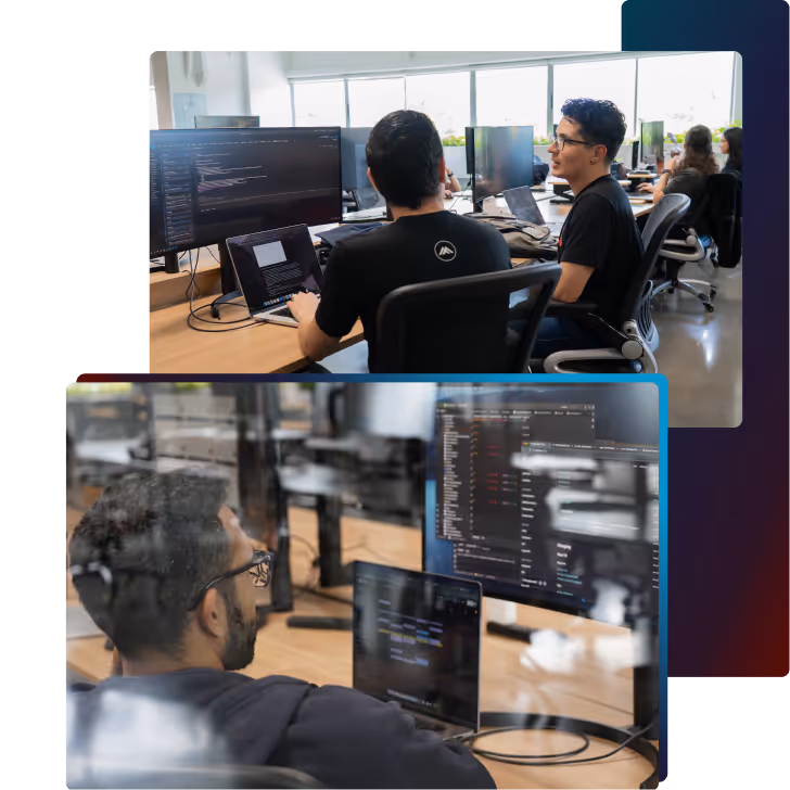 Two images of software developers working at desks with multiple monitors displaying code in a modern office setting.