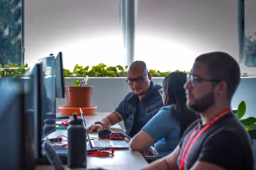 Three people working at computers in a bright office with plants on the windowsill.
