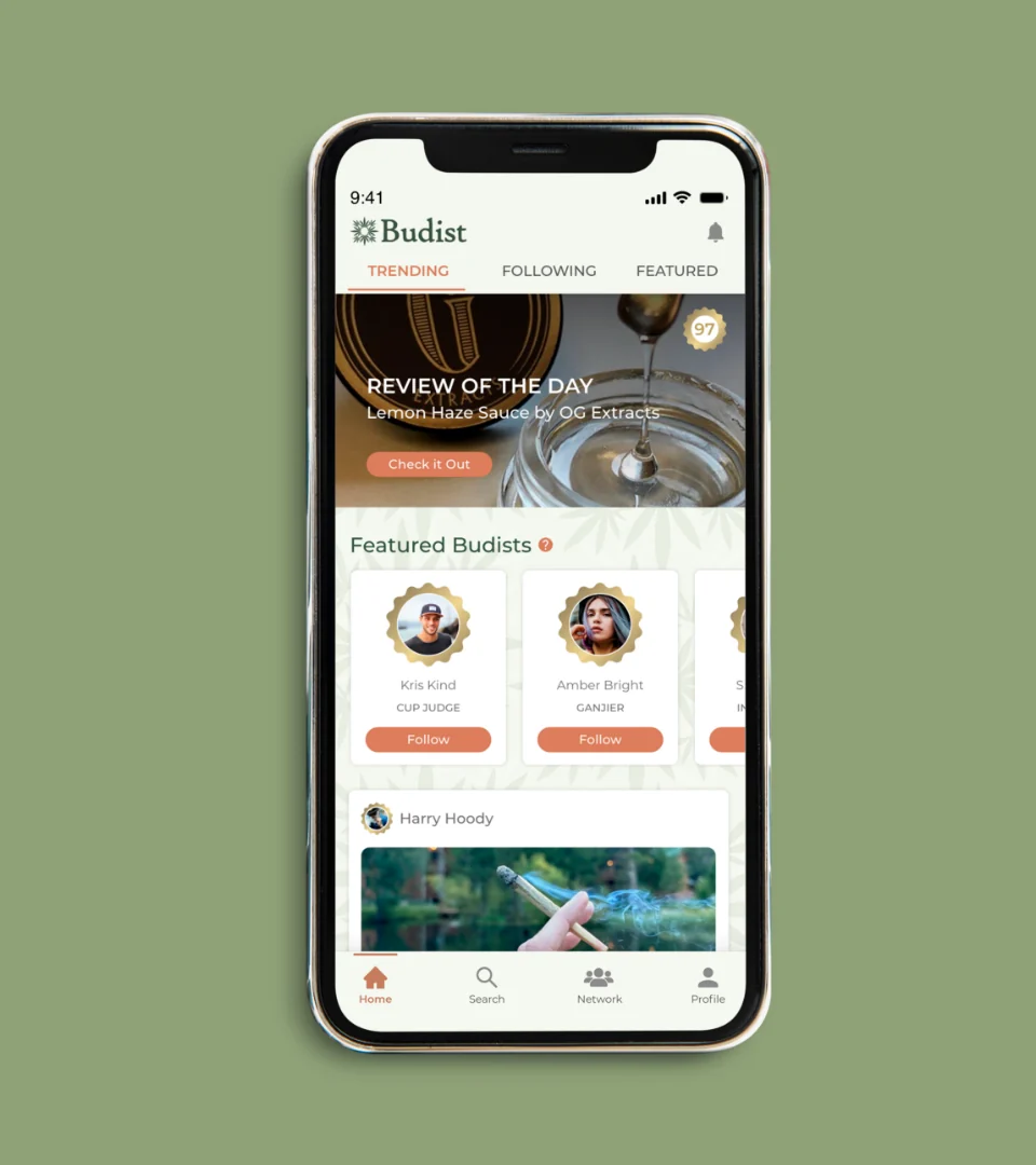 Budist app home feed with Review of the Day and Featured Budists on a phone