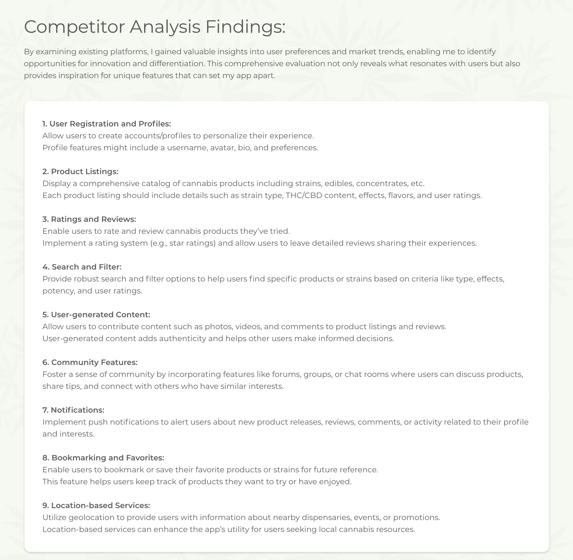 Budist competitor analysis findings listing nine core app features
